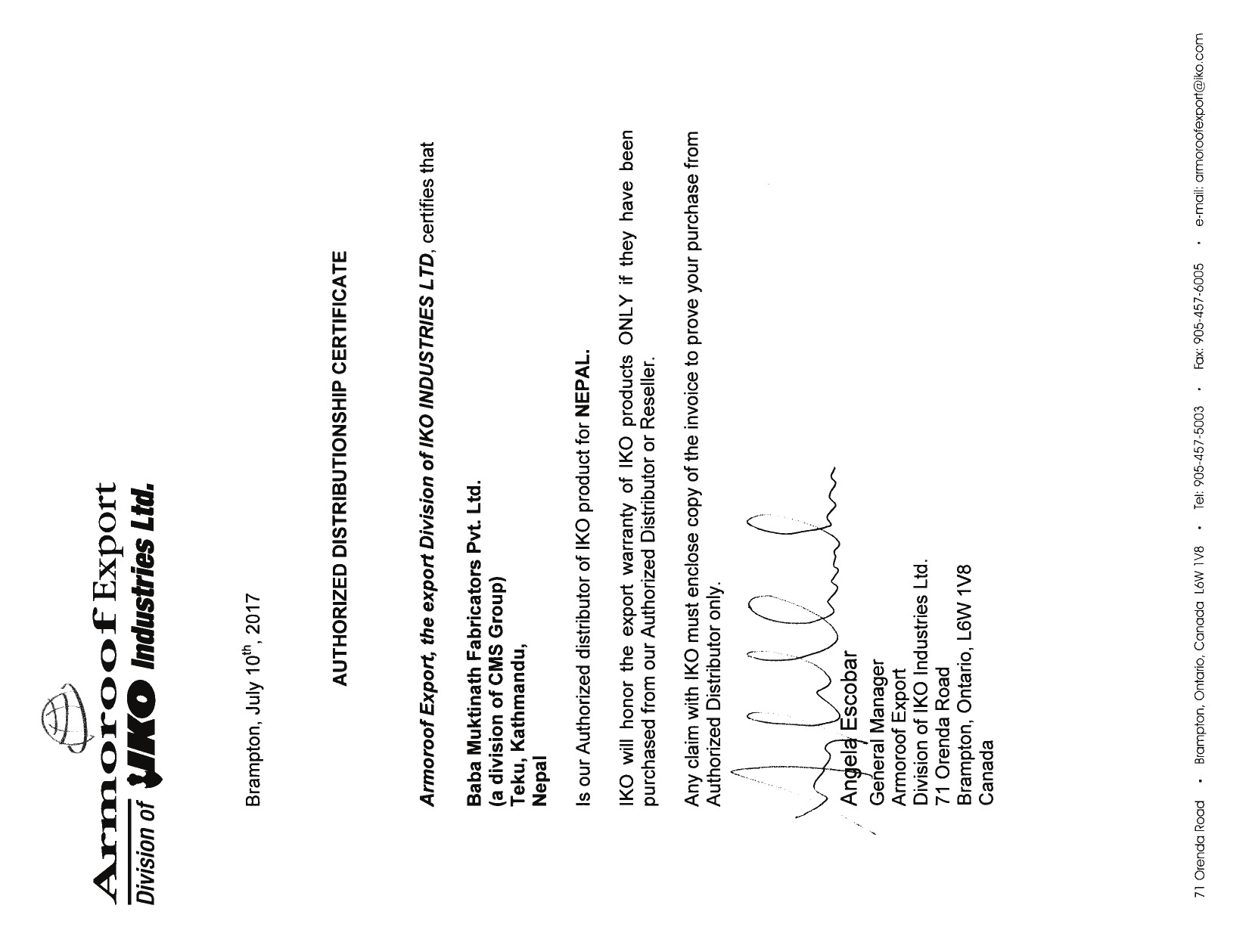 IKO (Armoroof Export Division) certificate
